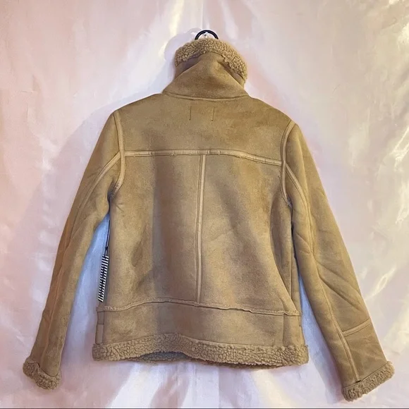 TAUPE BROWN FAUX FUR SUEDE MOTO JACKET BIKER COAT - Picture 9 of 14
